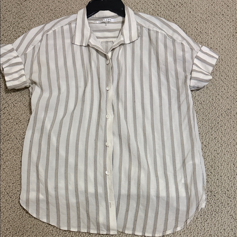 Frame Denim Women’s Short-Sleeve Striped Button-Down Shirt - White & Taupe